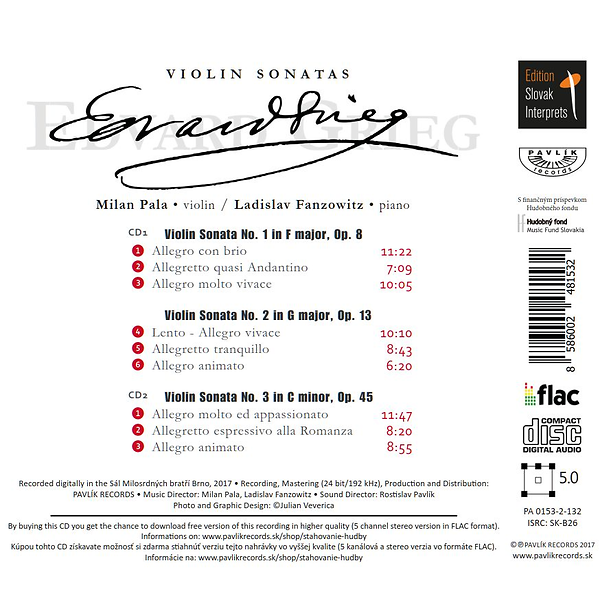 CD Shop - PALA MILAN / FANZOWITZ LADISLAV EDVARD GRIEG - VIOLIN SONATAS